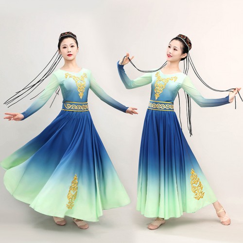 Mint Green Xinjiang dance costume for Women girls minority performance clothing national wind swing skirt Uyghur performance adult long skirt female